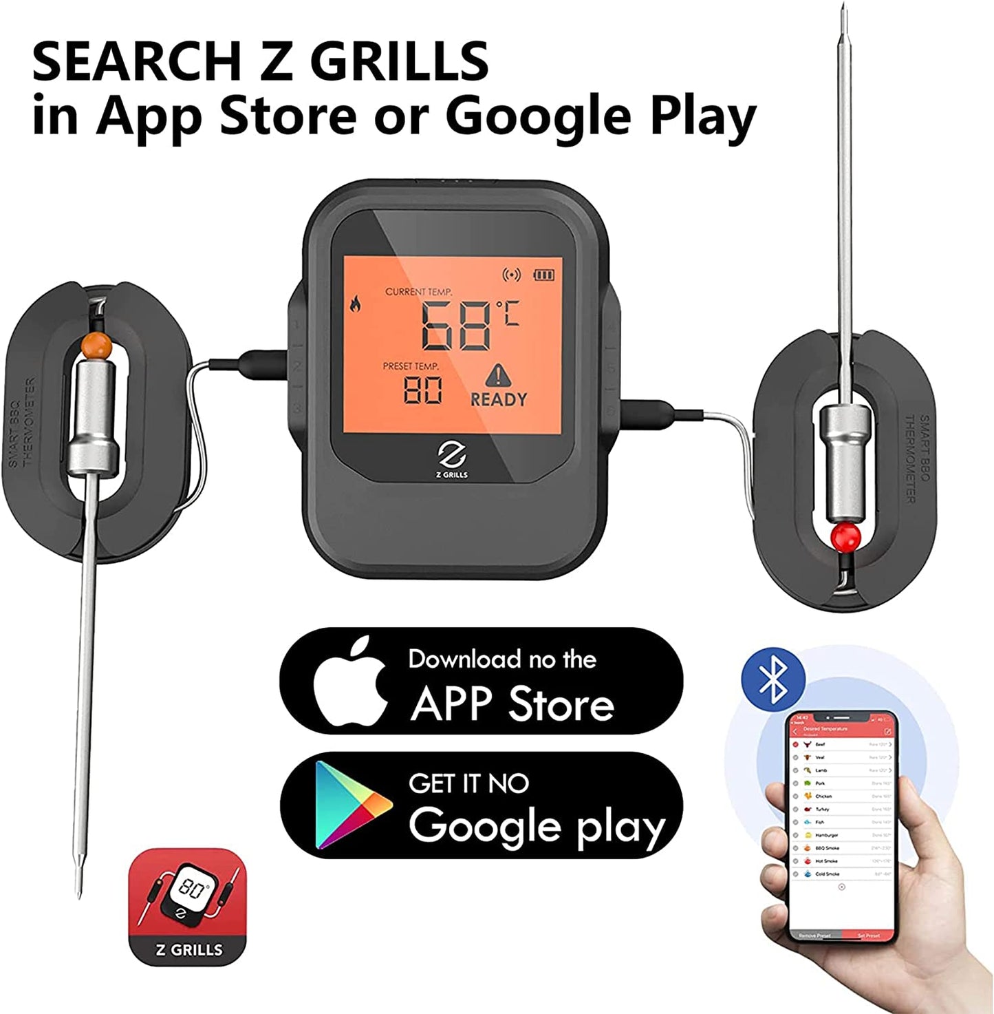 Z GRILLS Wood Pellet Grill and Smoker Ourdoor with Bluetooth Wireless Meat Thermometer and Update Pid Controller 8-in-1 Outdoor Smoker ZPG-450APro