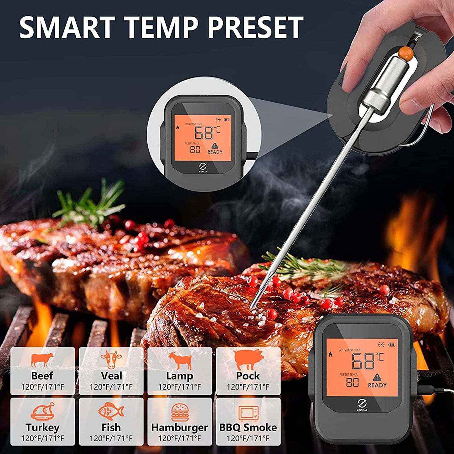 Z GRILLS Wood Pellet Grill and Smoker Ourdoor with Bluetooth Wireless Meat Thermometer and Update Pid Controller 8-in-1 Outdoor Smoker ZPG-450APro