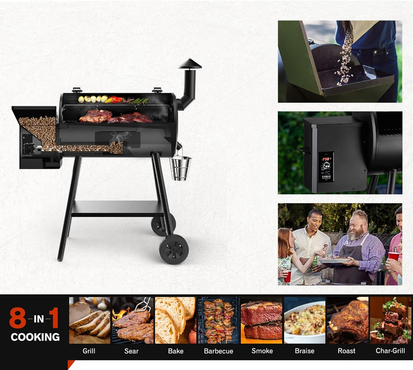 Z GRILLS Wood Pellet Grill & Smoker, 8 in 1 BBQ Grill Auto Temperature Control ZPG-5502H (Rain Cover Not Included)