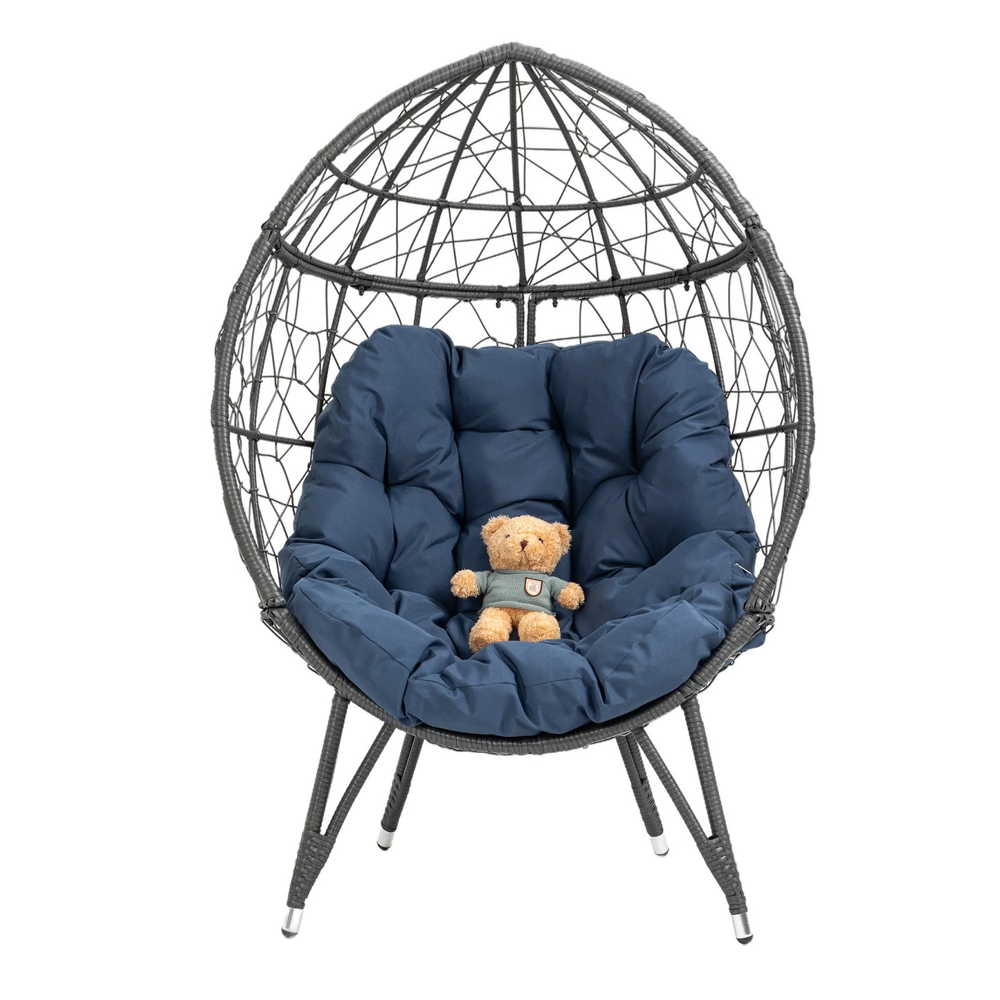 Patio Wicker Egg Chair Indoor Basket Wicker Chair with Navy Cusion for Backyard Poolside