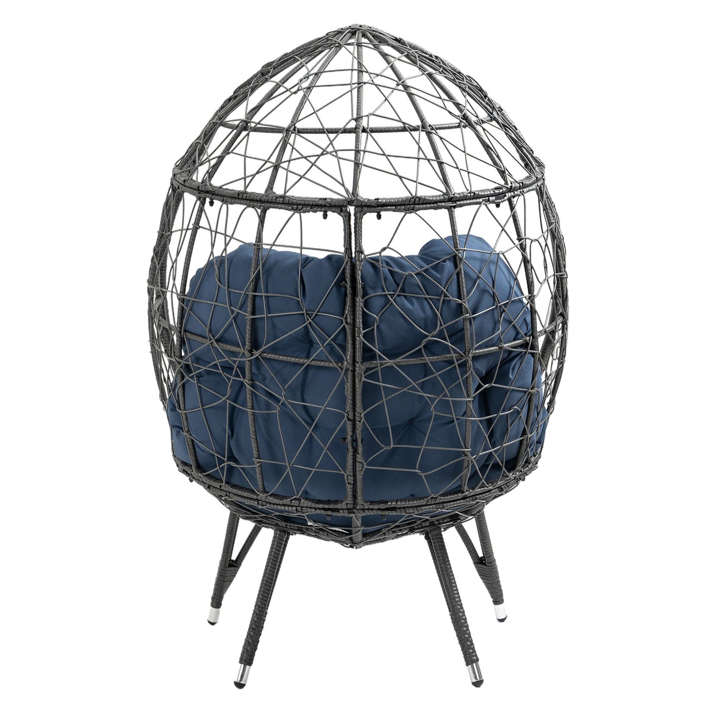 Patio Wicker Egg Chair Indoor Basket Wicker Chair with Navy Cusion for Backyard Poolside