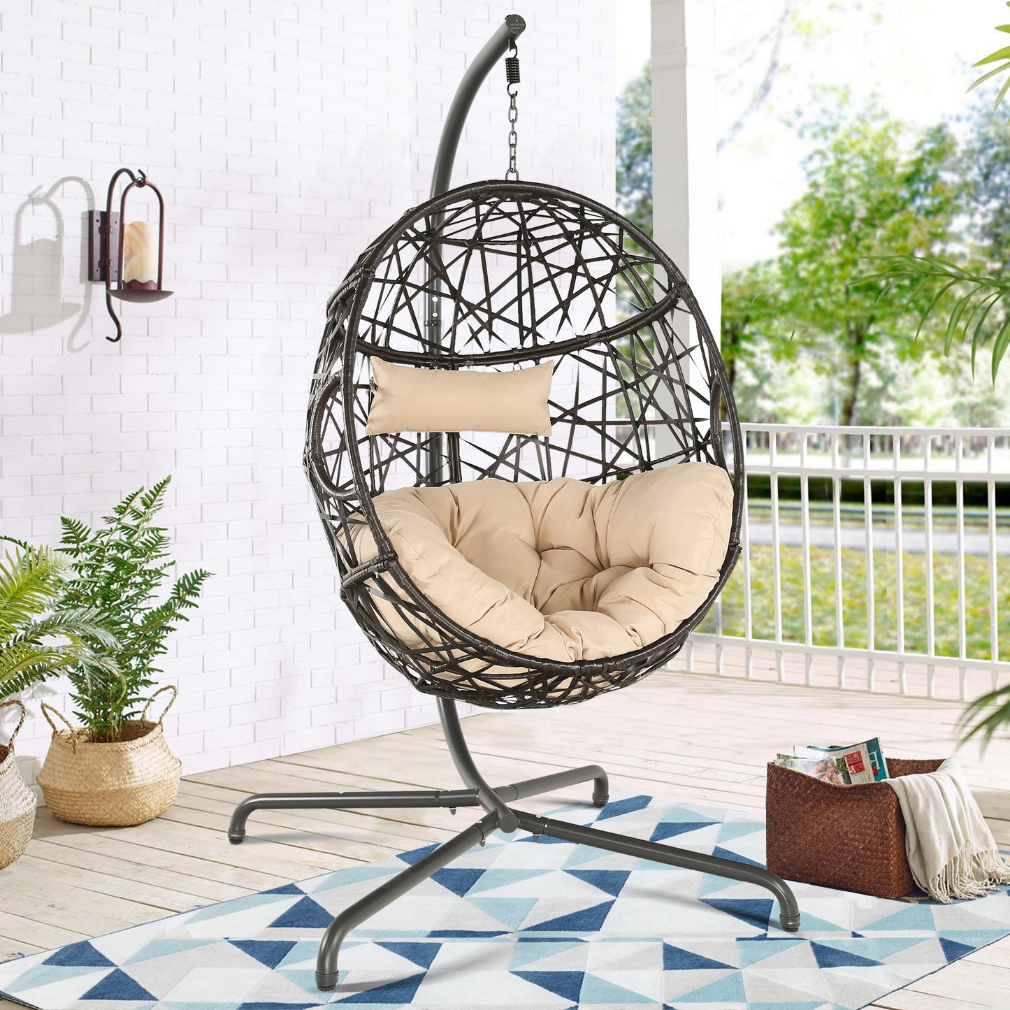 Hanging Egg Chair Outdoor Indoor Patio Swing Chair with UV Resistant Cushion Wicker Rattan Hammock Basket Chair with Stand