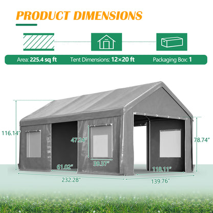 DALIOREACH 12x20ft Heavy Duty Carport Canopy Outdoor Garage Tent with Roll-Up Doors & Mesh Windows, Waterproof UV Protection for Car, SUV, Party, Market, Storage