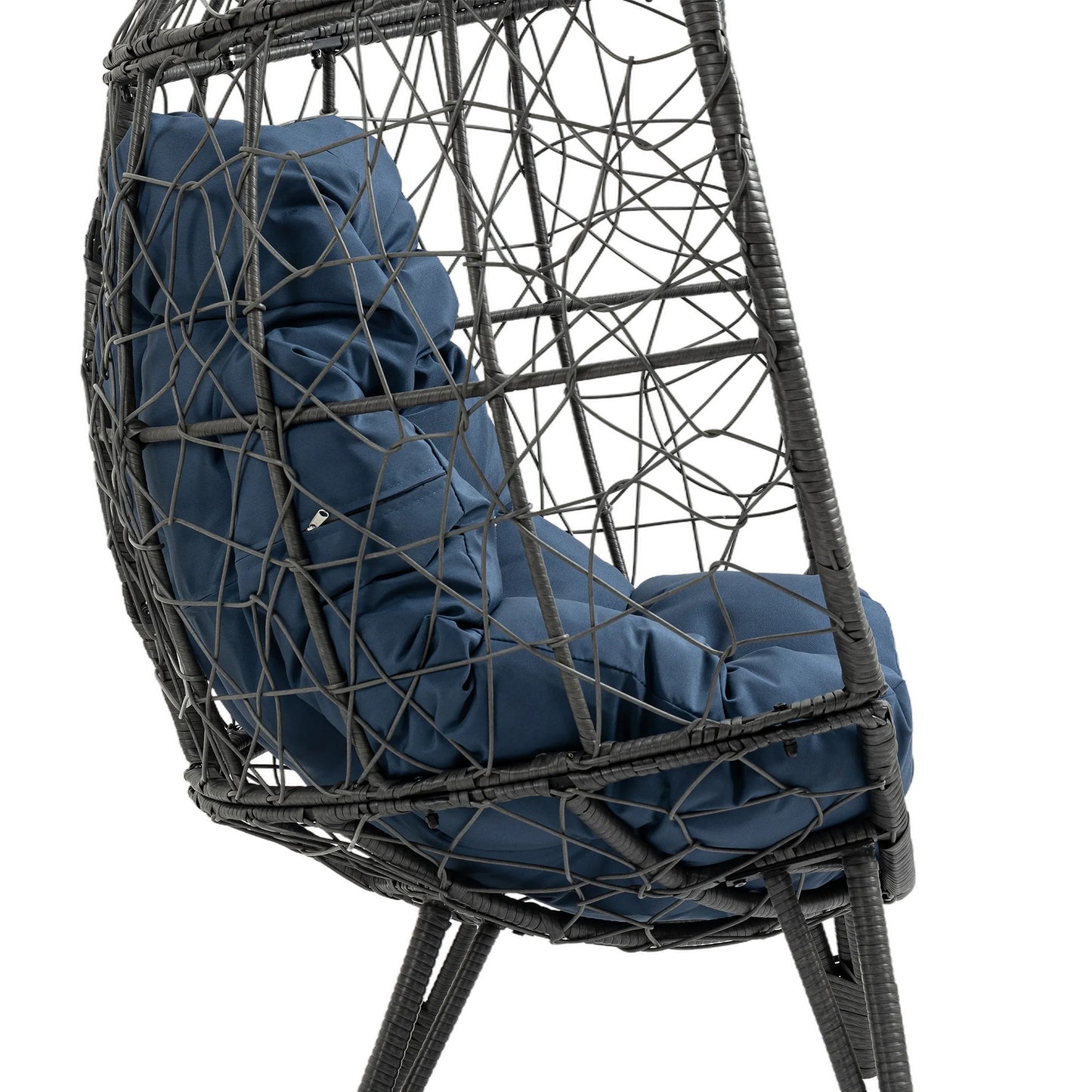 Patio Wicker Egg Chair Indoor Basket Wicker Chair with Navy Cusion for Backyard Poolside