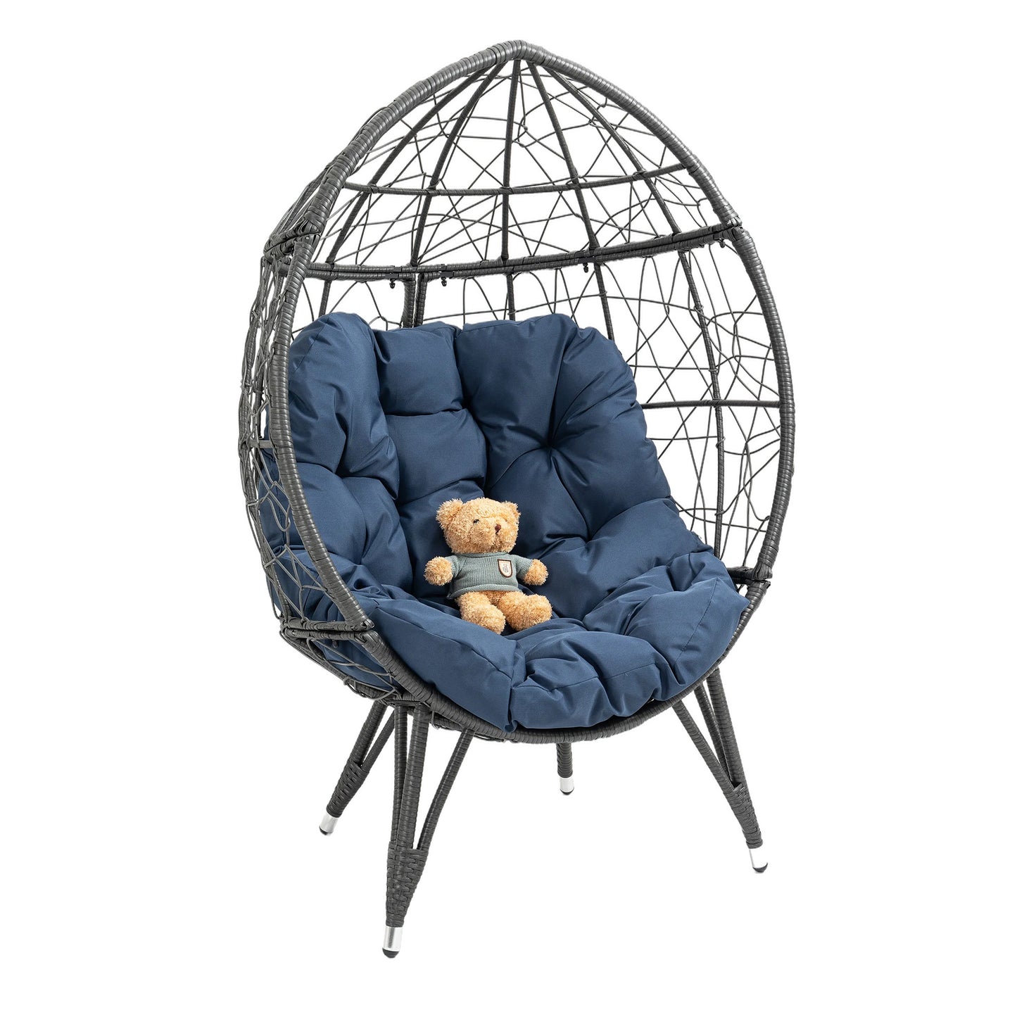 Patio Wicker Egg Chair Indoor Basket Wicker Chair with Navy Cusion for Backyard Poolside