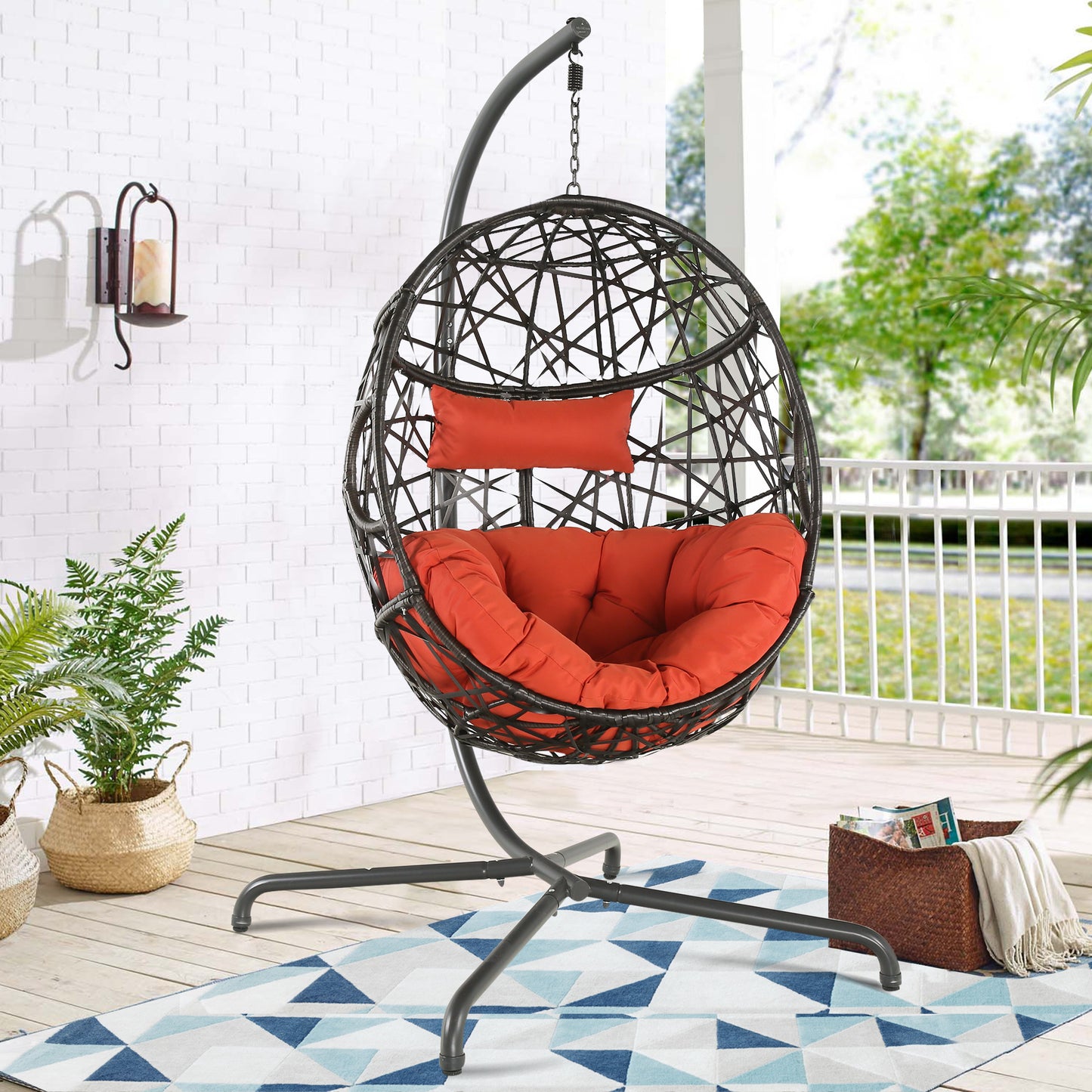 Hanging Egg Chair Outdoor Indoor Patio Swing Chair with UV Resistant Cushion Wicker Rattan Hammock Basket Chair with Stand