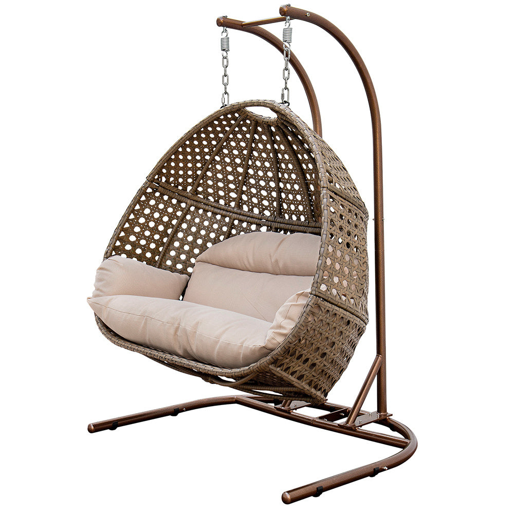 Brown Wicker Hanging Double-Seat Swing Chair with Stand w/Beige Cushion