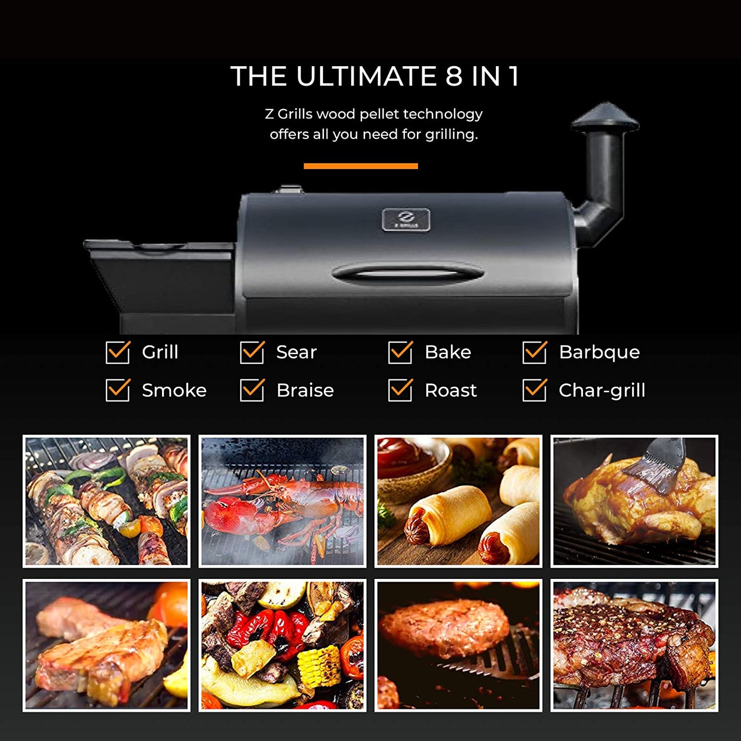 Z GRILLS Upgrade Wood Pellet Grill & Smoker 8 in 1 BBQ Grill Auto Temperature Control ZPG-550B